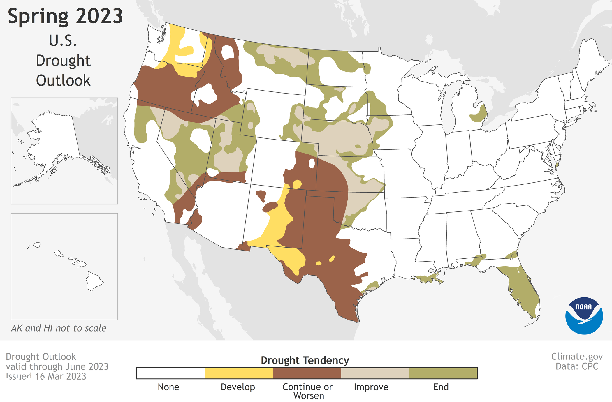 This map depicts where there is a greater than 50% chance of drought persistence, development, or improvement based on short- and long-range statistical and dynamical forecasts during March 16 through June 30, 2023.
